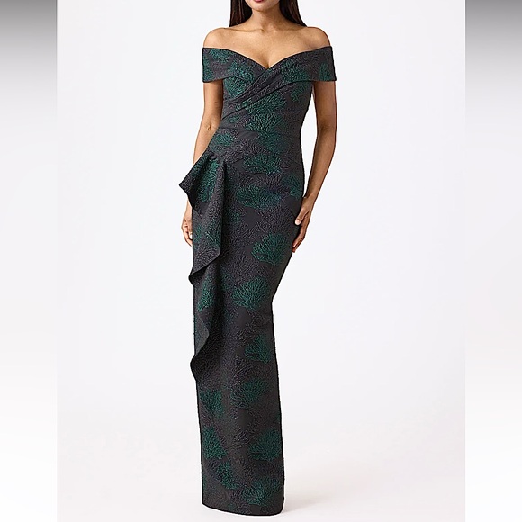 NWT Rickie Freeman Teri Jon black green pewter jacquard off shoulder formal gown - Picture 2 of 12